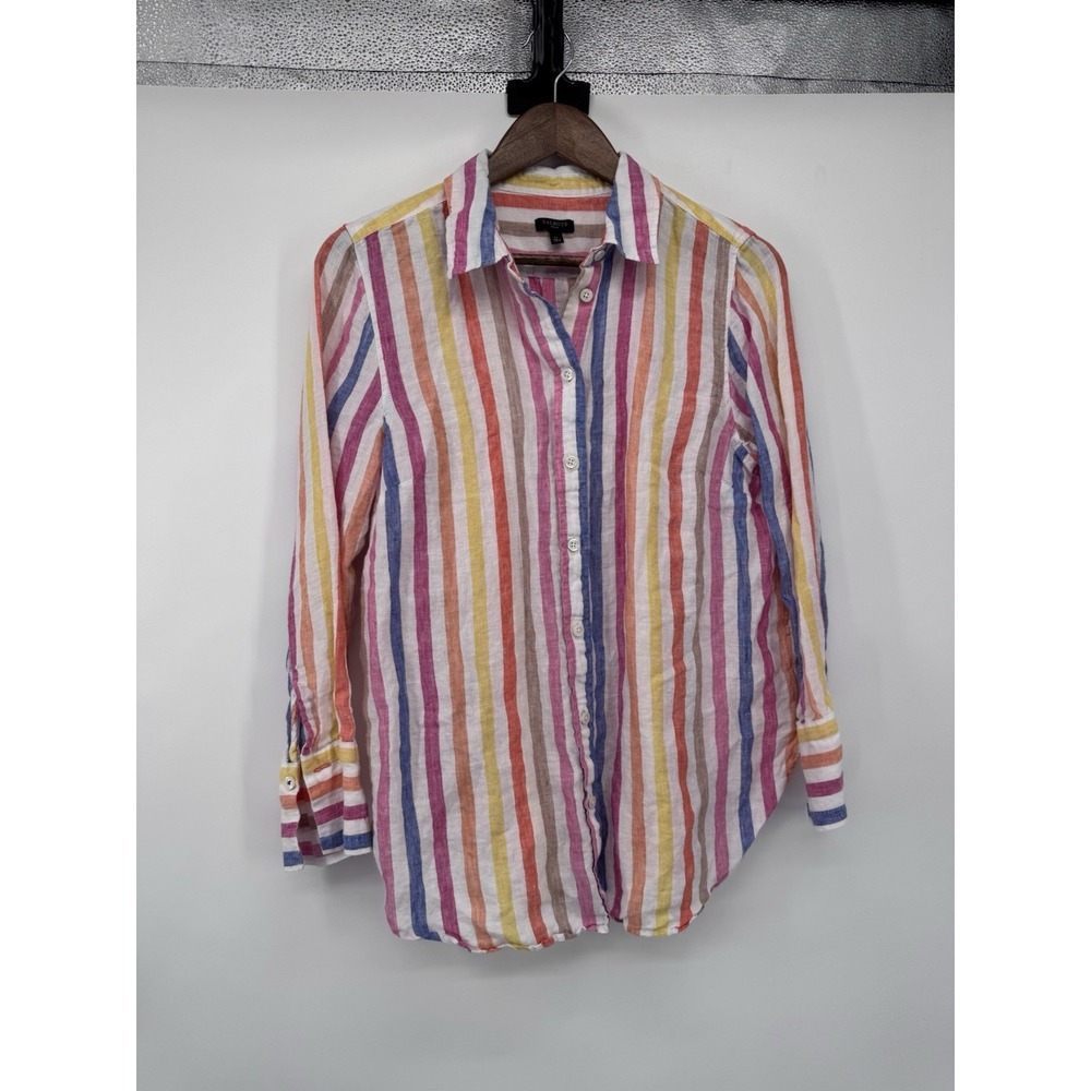 Talbots Shirt Womens Size L P Multi Rockport Striped 100% Linen Boyfriend Top